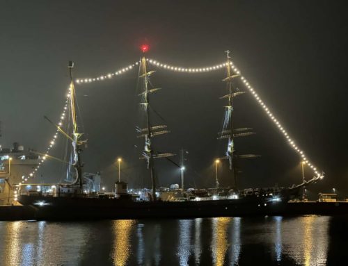 Sailing training ship Gorch Fock with Christmas lights in the Kiel naval base