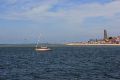 Baltic Sea beach Laboe with memorial and sailing ship