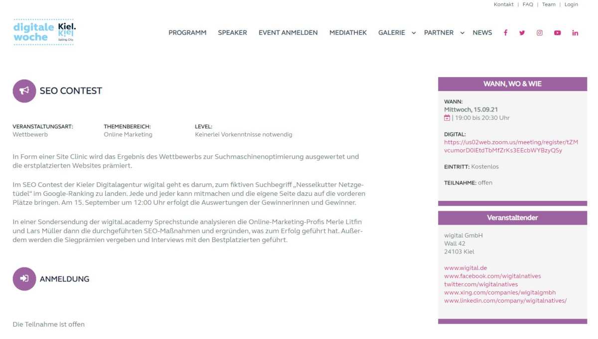 SEO Contest Digitale Woche Kiel 2021 Website Screenshot